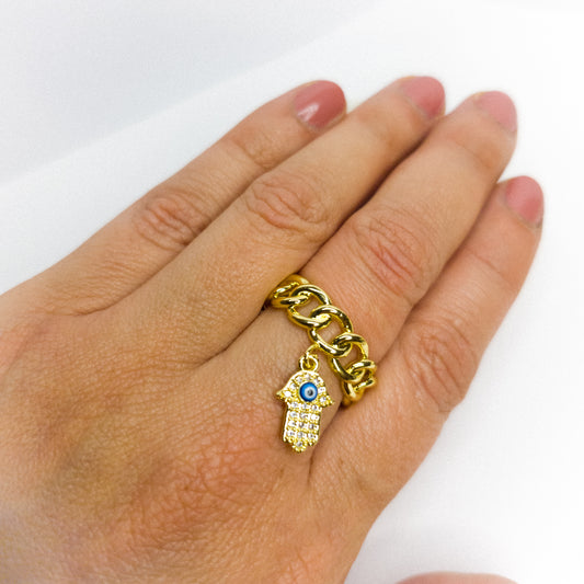 Anillo Ajustable Hamsa Dorada con Ojo Protector