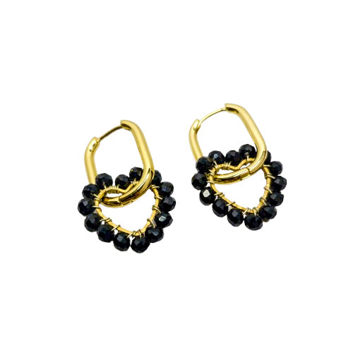 Aros Noire | Argollas Corazón con Cristales Negros Oro Laminado ✨️