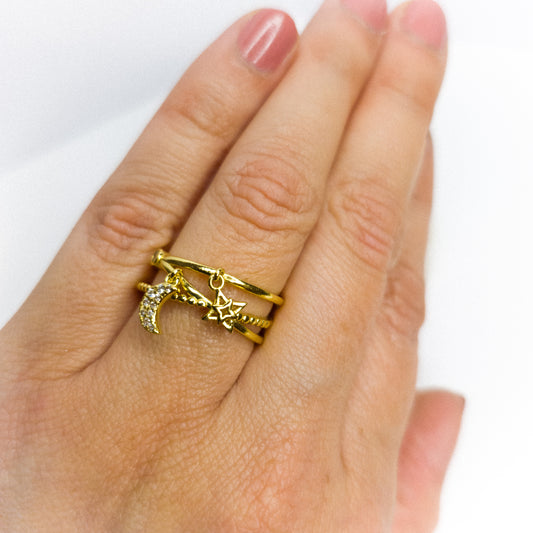 Anillo Ajustable Luna y Estrella Oro Laminado 18K
