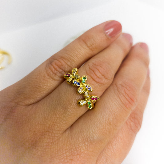 Anillo Ajustable Flores Multicolor Oro Laminado 18K